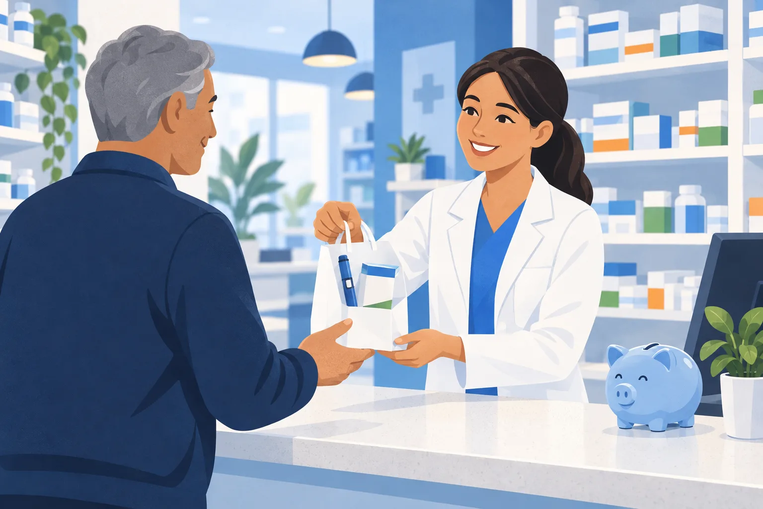 Illustration of a pharmacist handing medication to a customer with a piggy bank on the counter