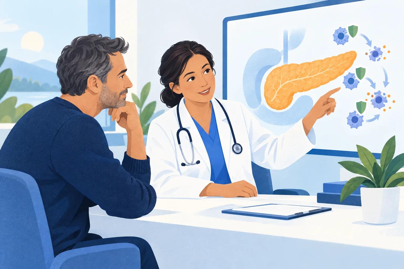 Illustration of a doctor explaining autoimmune attack on the pancreas to an adult patient