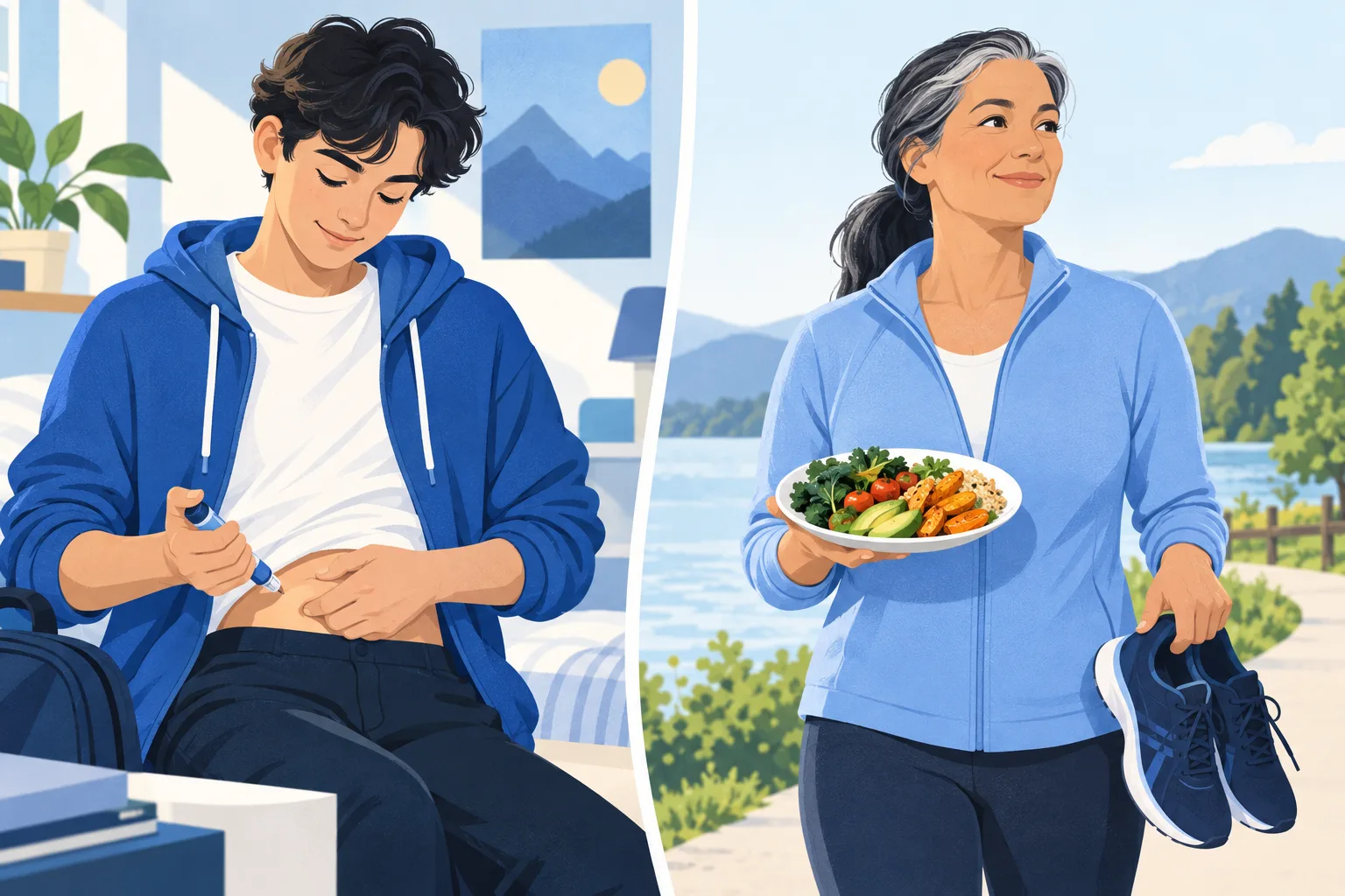 Illustration of a young man using an insulin pen and a middle-aged woman with a vegetable plate and walking shoes
