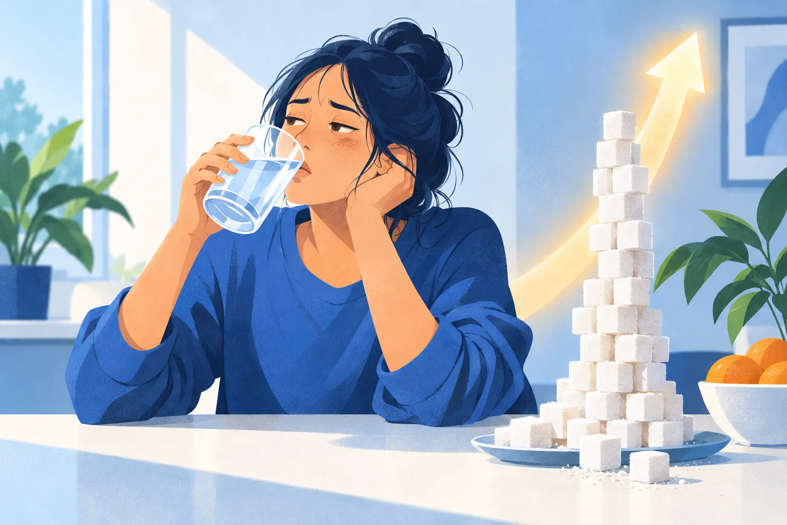 Illustration of a thirsty, tired woman drinking water next to a tower of sugar cubes